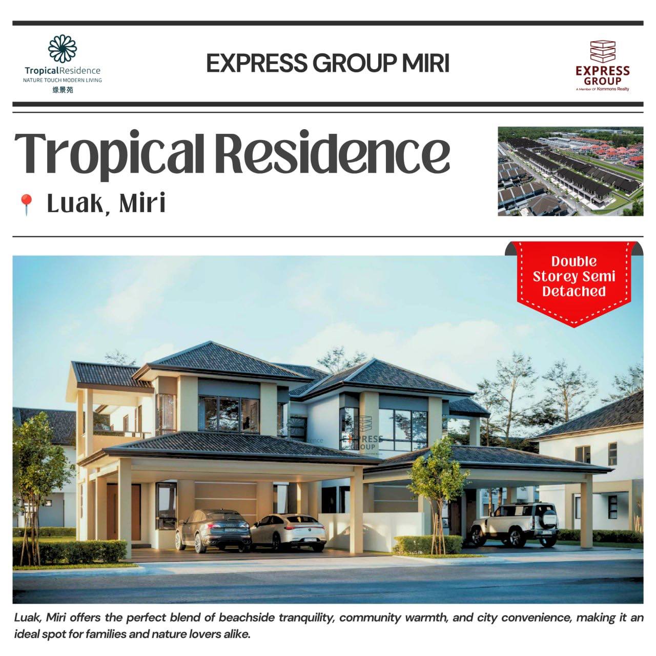 Tropical Residence, single storey semi detached Luak Miri - for sale in Luak, Miri