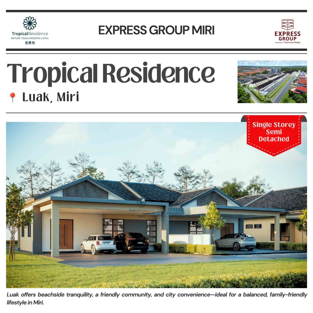 Tropical Residence, Luak Miri - Single Storey Terrace Houses - for sale in Luak, Miri